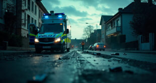 Abandoned police vehicle with open doors parked on an empty residential street in a German town after operation