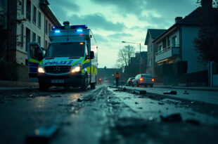 Abandoned police vehicle with open doors parked on an empty residential street in a German town after operation