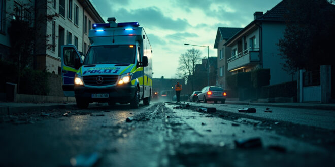 Abandoned police vehicle with open doors parked on an empty residential street in a German town after operation