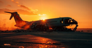 Damaged aircraft wreckage abandoned on empty airport runway at dusk, with debris scattered across the tarmac