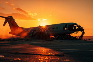Damaged aircraft wreckage abandoned on empty airport runway at dusk, with debris scattered across the tarmac