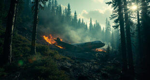 Smoldering aircraft wreckage scattered among pine trees on a remote mountainous slope in the Russian Far East