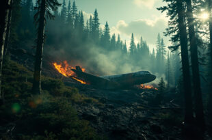 Smoldering aircraft wreckage scattered among pine trees on a remote mountainous slope in the Russian Far East