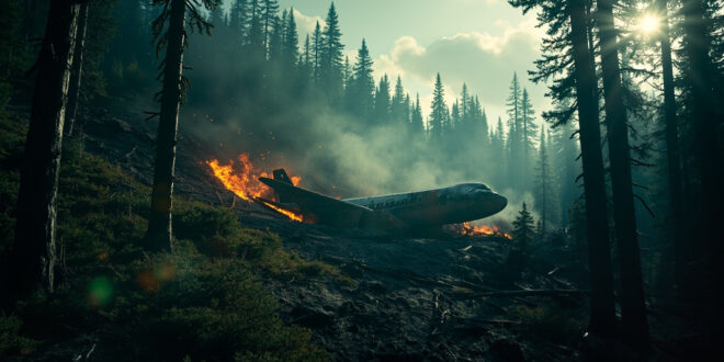 Smoldering aircraft wreckage scattered among pine trees on a remote mountainous slope in the Russian Far East