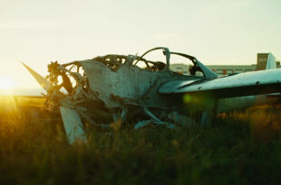 Damaged glider aircraft wreckage on empty airfield grass with hospital building visible in background