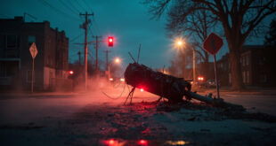 Deserted urban intersection at dawn with damaged traffic lights and stop signs following a fatal traffic accident