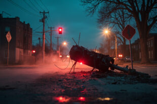 Deserted urban intersection at dawn with damaged traffic lights and stop signs following a fatal traffic accident