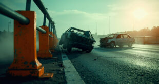Severely damaged car wreckage abandoned on empty highway stretch with crash barriers and warning lights in aftermath of collision