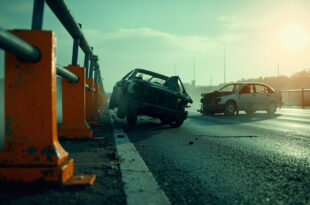 Severely damaged car wreckage abandoned on empty highway stretch with crash barriers and warning lights in aftermath of collision
