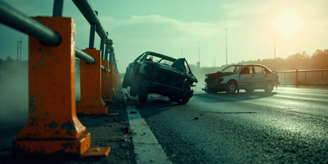 Severely damaged car wreckage abandoned on empty highway stretch with crash barriers and warning lights in aftermath of collision