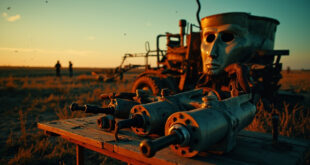 Abandoned farm machinery in empty rural farmyard at dusk with hydraulic rescue tools on a wooden table nearby