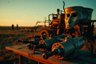Abandoned farm machinery in empty rural farmyard at dusk with hydraulic rescue tools on a wooden table nearby