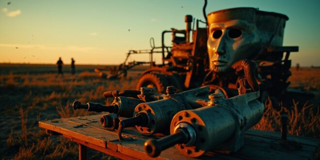 Abandoned farm machinery in empty rural farmyard at dusk with hydraulic rescue tools on a wooden table nearby