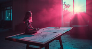 Empty design studio with unfinished fashion sketches and lone Barbie doll on drafting table in abandoned Italian highway at dusk