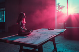 Empty design studio with unfinished fashion sketches and lone Barbie doll on drafting table in abandoned Italian highway at dusk
