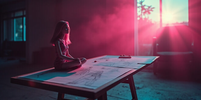 Empty design studio with unfinished fashion sketches and lone Barbie doll on drafting table in abandoned Italian highway at dusk