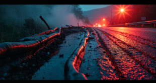 Broken guardrail and skid marks on empty curved road near a medical facility, evidence of a fatal traffic accident