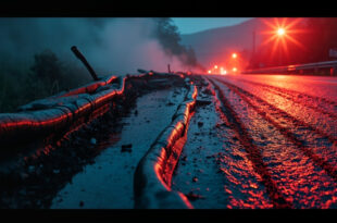 Broken guardrail and skid marks on empty curved road near a medical facility, evidence of a fatal traffic accident