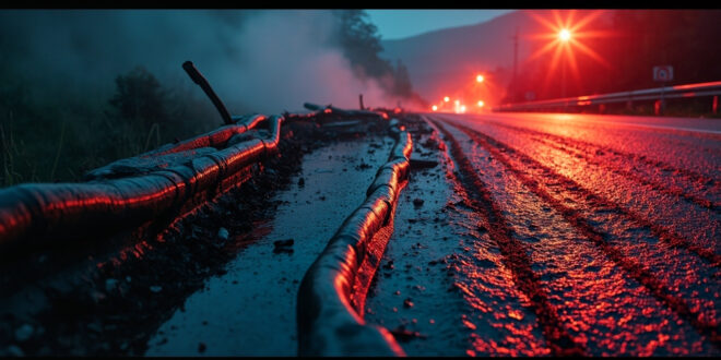 Broken guardrail and skid marks on empty curved road near a medical facility, evidence of a fatal traffic accident