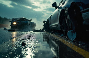 Damaged vehicles on rain-soaked highway in Bavaria after collision, with wet asphalt reflecting dark gray skies