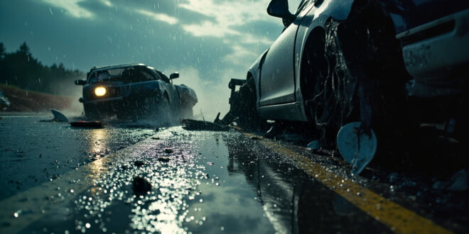 Damaged vehicles on rain-soaked highway in Bavaria after collision, with wet asphalt reflecting dark gray skies