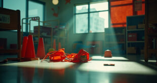 Abandoned safety equipment on table in empty children's museum activity room with safety barriers
