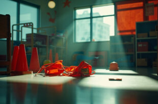 Abandoned safety equipment on table in empty children's museum activity room with safety barriers