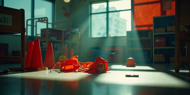 Abandoned safety equipment on table in empty children's museum activity room with safety barriers