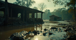 Destroyed summer camp buildings submerged in muddy floodwaters along a swollen Texas river, with debris-filled cabins visible