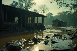 Destroyed summer camp buildings submerged in muddy floodwaters along a swollen Texas river, with debris-filled cabins visible