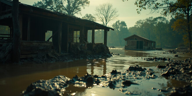 Destroyed summer camp buildings submerged in muddy floodwaters along a swollen Texas river, with debris-filled cabins visible