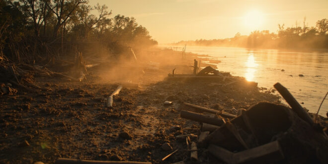 Swollen river recedes leaving muddy debris scattered across flood-damaged Texas riverside area