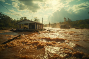Abandoned camp structures partially submerged in muddy floodwaters after devastating storm in Texas river valley