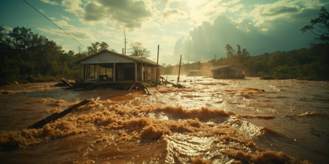 Abandoned camp structures partially submerged in muddy floodwaters after devastating storm in Texas river valley