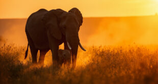 Mother elephant stands protectively next to her calf in remote African savanna grassland bathed in golden hour light