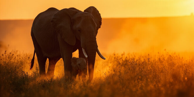 Mother elephant stands protectively next to her calf in remote African savanna grassland bathed in golden hour light