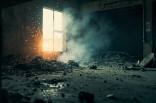 Scattered firework debris on concrete floor of abandoned residential garage after explosion, lit dramatically in charcoal gray and ash white