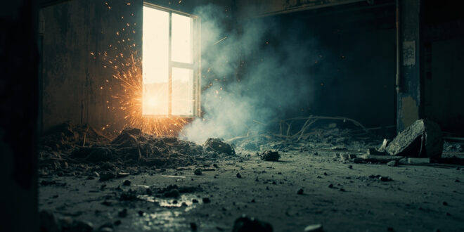 Scattered firework debris on concrete floor of abandoned residential garage after explosion, lit dramatically in charcoal gray and ash white