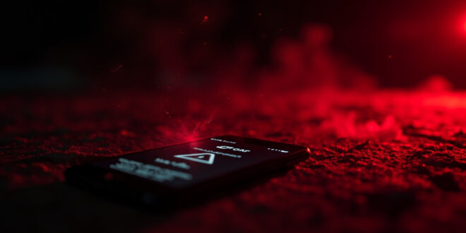 Abandoned smartphone displaying red warning notifications about online sextortion in a dark digital environment