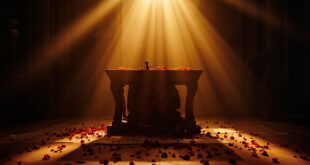 Silent church organ with scattered rose petals in somber Portuguese baroque church interior with abandoned violin on altar