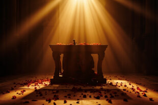 Silent church organ with scattered rose petals in somber Portuguese baroque church interior with abandoned violin on altar