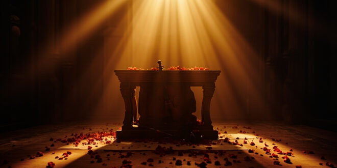 Silent church organ with scattered rose petals in somber Portuguese baroque church interior with abandoned violin on altar
