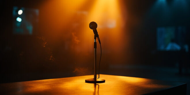 Lone microphone stands silent on broadcast desk in empty television studio bathed in golden and blue stage lights