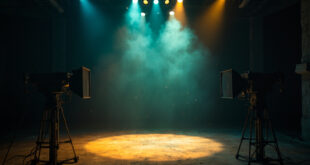 Empty television studio with single spotlight illuminating abandoned set at twilight, cameras powered down in silent tribute