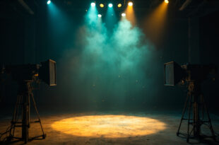Empty television studio with single spotlight illuminating abandoned set at twilight, cameras powered down in silent tribute