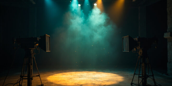 Empty television studio with single spotlight illuminating abandoned set at twilight, cameras powered down in silent tribute