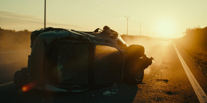 Overturned luxury car wreckage abandoned on empty Spanish highway at dawn, with atmospheric lighting in gray and gold