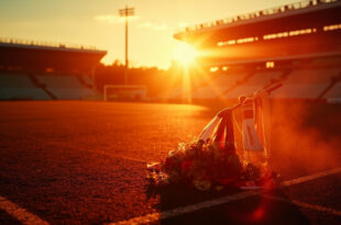 Memorial flowers and football scarves placed at empty stadium gates bathed in golden sunset light