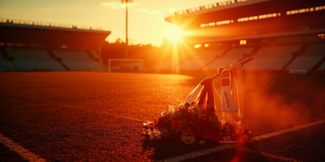 Memorial flowers and football scarves placed at empty stadium gates bathed in golden sunset light