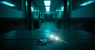 Abandoned police badge on empty desk in deserted Manhattan office lobby, illuminated by harsh fluorescent light at dusk